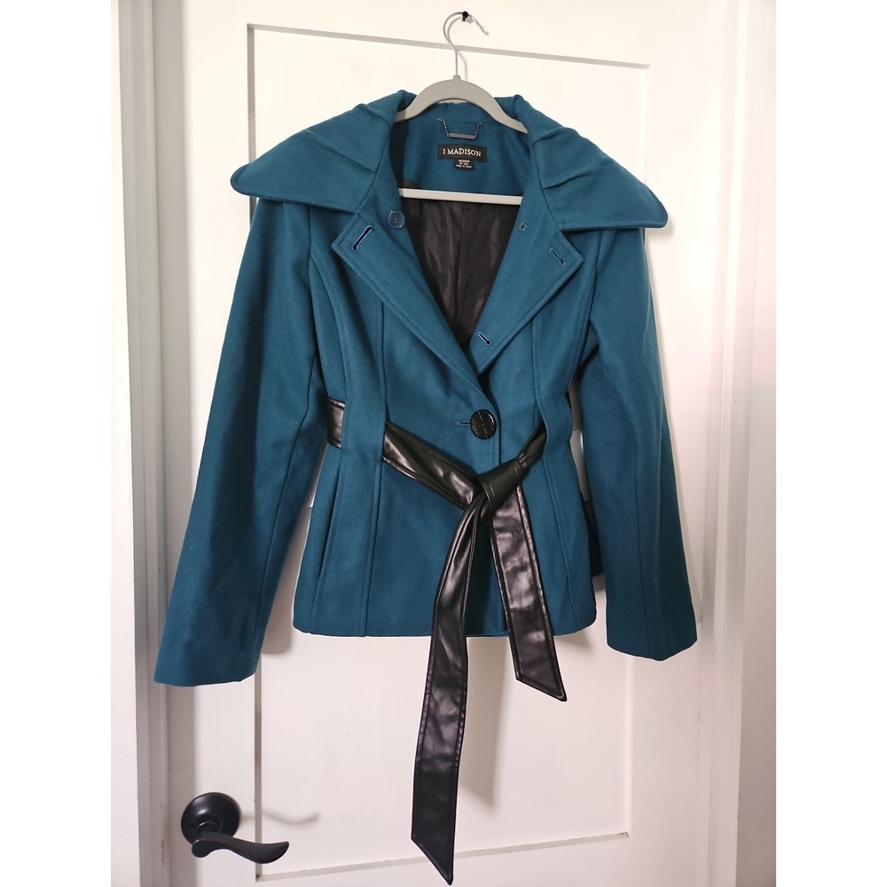 1 Madison Wool Blend Peacoat Jacket Teal Blue Green Faux Leather Belted Womens M